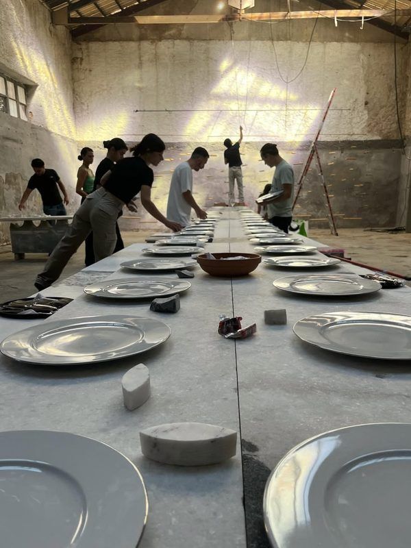 Warehouse, long table, setup