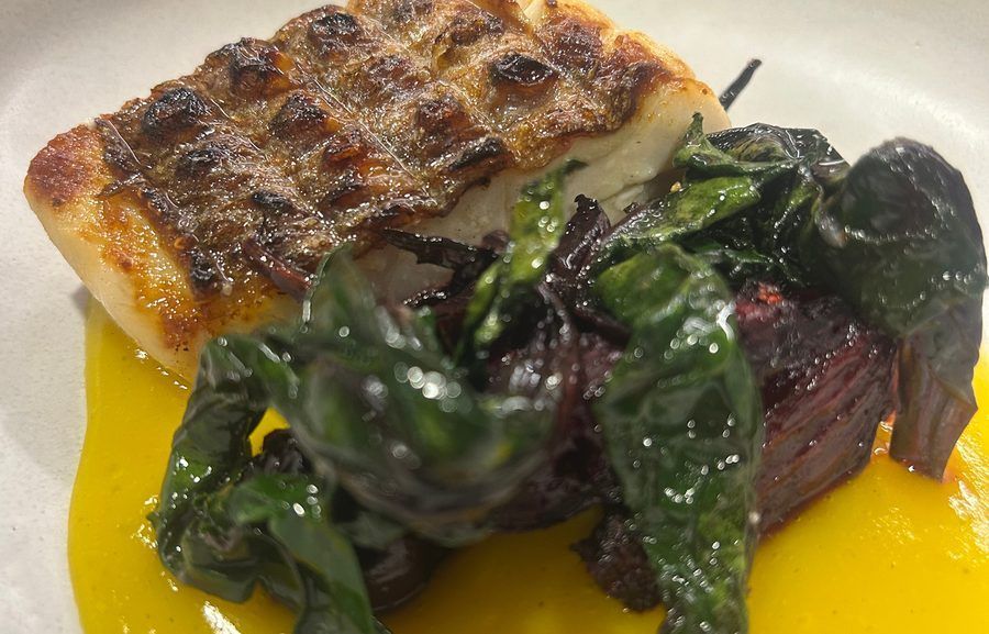 Grilled fish, beetroot, greens