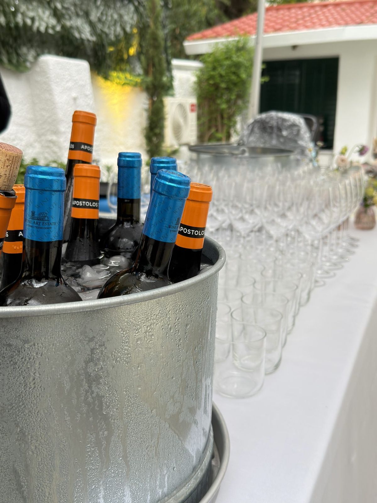 Bottles, ice bucket, glasses